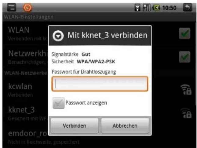 WLAN-Einstellungen Mit kknet_3 verbinden Signalstärke Gut Sicherheit WPA/WPA2-PSK Passwort für Drahtloszugang Password anzeigen Verbinden Abbrechen Nicht in Rechnwerte, gespeichert