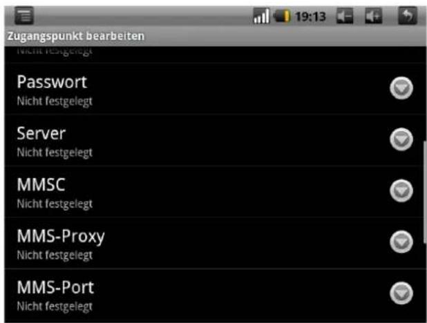 Zugangspunkt bearbeiten Nicht festgelegt Passwort Nicht festgelegt Server Nicht festgelegt MMSC Nicht festgelegt MMS-Proxy Nicht festgelegt MMS-Port Nicht festgelegt