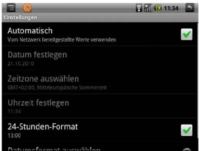 Einstellungen Automatisch Vom Netzwerk bereitgestellte Werte verwenden Datum festlegen 21.10.20:10 Zeitzone auswählen GMT+02:00, Mitteleuropäische Sommerzeit Uhrzeit festlegen 11:34 24-Stunden-Format 13:00 Datumsformat auswählen