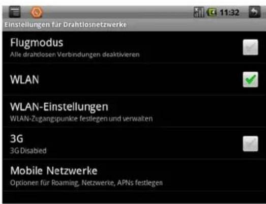 Einstellungen für Drahtlosnetzwerke Flugmodus Alle drahdosen Verbindungen deaktivieren WLAN WLAN-Einstellungen WLAN-Zugangspunkte festlegen und verwalten 3G 3G Disabled Mobile Netzwerke Optionen für Roaming, Netzwerke, APNs festlegen