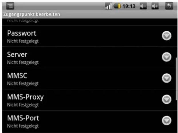 Zugangspunkt bearbeiten Nicht festgelegt Passwort Nicht festgelegt Server Nicht festgelegt MMSC Nicht festgelegt MMS-Proxy Nicht festgelegt MMS-Port Nicht festgelegt