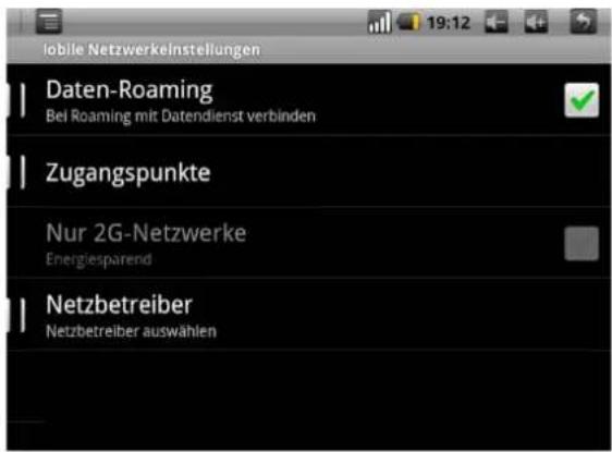 Jobile Netzwerkeinstellungen Daten-Roaming Bei Roaming mit Datendienst verbinden Zugangspunkte Nur 2G-Netzwerke Energiesparend Netzbetreiber Netzbetreiber auswählen