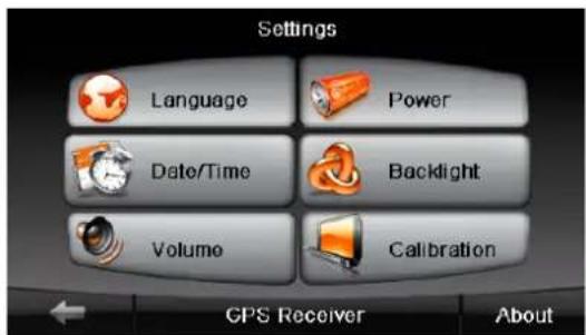 Settings Language Power Date/Time Backlight Volume Calibration GPS Receiver About