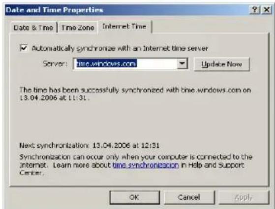 Date and Time Properties Date & Time | Time Zone | Internet Time ✓ Automatically synchronize with an Internet time server Server: time.windows.com Update Now The time has been successfully synchronized with time.windows.com on 13.04.2006 at 11:31. Next synchronization: 13.04.2006 at 12:31 Synchronization can occur only when your computer is connected to the Internet. Learn more about time synchronisation in Help and Support Center. OK Cancel Apply