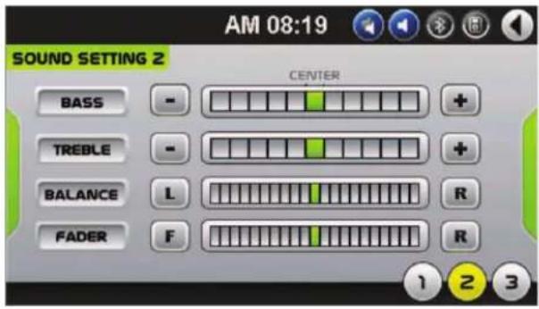 AM 08:19 SOUND SETTING 2 CENTER BASS - + TREBLE - + BALANCE L R FADER F R 1 2 3