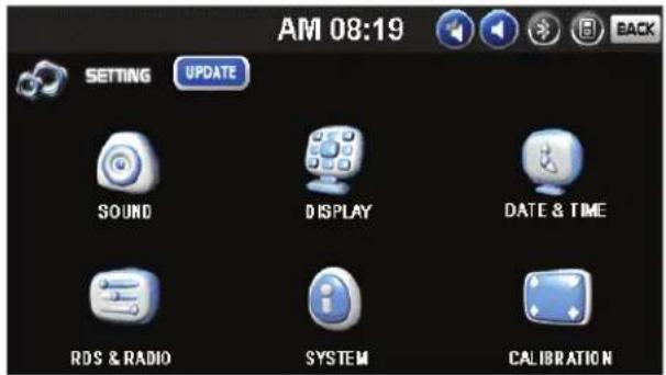 AM 08:19 SETTING UPDATE SOUND DISPLAY DATE & TIME RDS & RADIO SYSTEM CALIBRATION