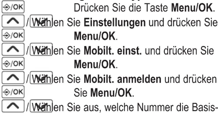 /OK Drücken Sie die Taste Menu/OK. /^ /Wählen Sie Einstellungen und drücken Sie Menu/OK. /^ /Wählen Sie Mobilt. einst. und drücken Sie Menu/OK. /^ /Wählen Sie Mobilt. anmelden und drücken Sie Menu/OK. /^ /Wählen Sie aus, welche Nummer die Basis-