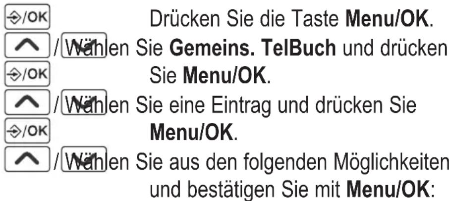 /OK Drücken Sie die Taste Menu/OK. /^ /Wählen Sie Gemeins. TelBuch und drücken Sie Menu/OK. /^ /Wählen Sie eine Eintrag und drücken Sie Menu/OK. /^ /Wählen Sie aus den folgenden Möglichkeiten und bestätigen Sie mit Menu/OK: