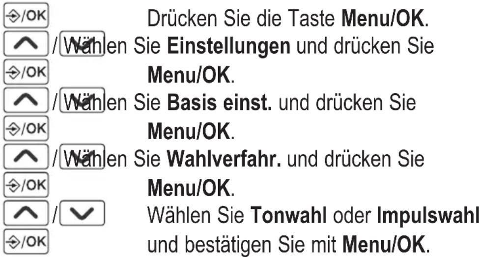 /OK Drücken Sie die Taste Menu/OK. ^ / Wählen Sie Einstellungen und drücken Sie >/OK Menu/OK. ^ / Wählen Sie Basis einst. und drücken Sie >/OK Menu/OK. ^ / Wählen Sie Wahlverfahr. und drücken Sie >/OK Menu/OK. ^ / ✓ Wählen Sie Tonwahl oder Impulswahl und bestätigen Sie mit Menu/OK. >/OK