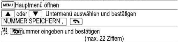 MENU Hauptmenü öffnen ▲ oder ▼ Untermenü auswählen und bestätigen NUMMER SPEICHERN, Förnummer eingeben und bestätigen (max. 22 Ziffern)