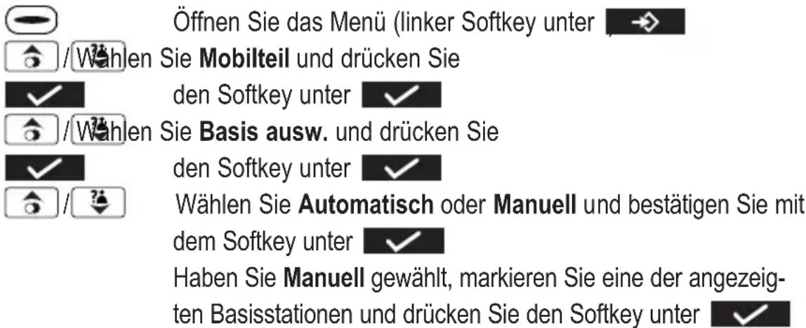 Öffnen Sie das Menü (linker Softkey unter / Wahlen Sie Mobilteil und drücken Sie den Softkey unter / Wahlen Sie Basis ausw. und drücken Sie den Softkey unter Wählen Sie Automatisch oder Manuell und bestätigen Sie mit dem Softkey unter Haben Sie Manuell gewählt, markieren Sie eine der angezeig- ten B…