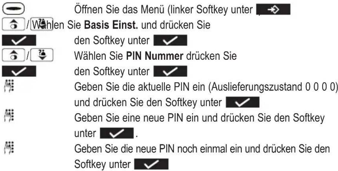 Öffnen Sie das Menü (linker Softkey unter) / Wahlen Sie Basis Einst. und drücken Sie den Softkey unter ✓ Wählen Sie PIN Nummer drücken Sie den Softkey unter ✓ Geben Sie die aktuelle PIN ein (Auslieferungszustand 0 0 0 0) und drücken Sie den Softkey unter ✓ Geben Sie eine neue PIN ein und drücken Sie…