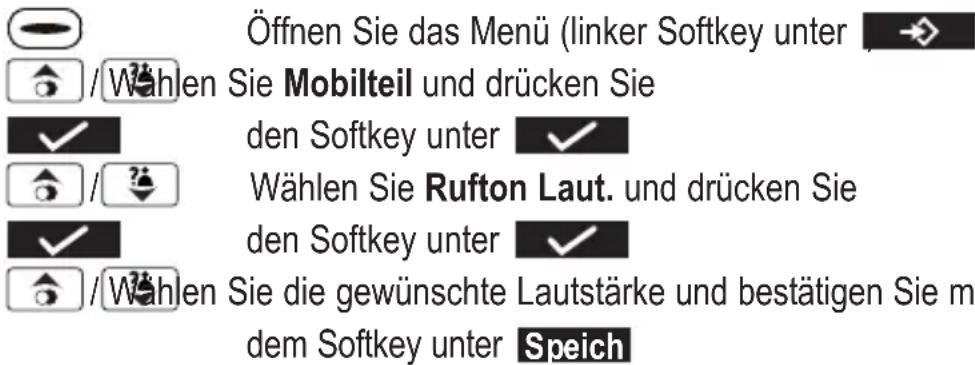 Öffnen Sie das Menü (linker Softkey unter / Wahlen Sie Mobilteil und drücken Sie den Softkey unter Wählen Sie Rufton Laut. und drücken Sie den Softkey unter / Wahlen Sie die gewünschte Lautstärke und bestätigen Sie mi dem Softkey unter Speich