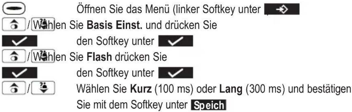 Öffnen Sie das Menü (linker Softkey unter / Wahlen Sie Basis Einst. und drücken Sie ✓ den Softkey unter ✓ / Wahlen Sie Flash drücken Sie ✓ den Softkey unter ✓ / Wählen Sie Kurz (100 ms) oder Lang (300 ms) und bestätigen Sie mit dem Softkey unter Speich