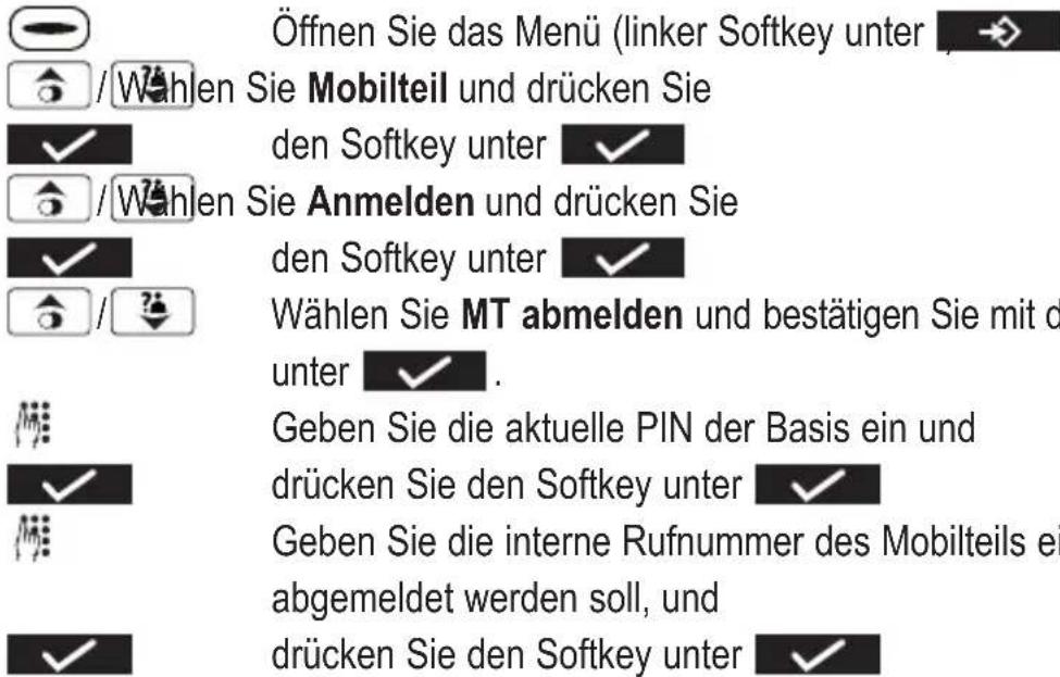 Öffnen Sie das Menü (linker Softkey unter / Wahlen Sie Mobilteil und drücken Sie den Softkey unter / Wahlen Sie Anmelden und drücken Sie den Softkey unter Wählen Sie MT abmelden und bestätigen Sie mit d unter Geben Sie die aktuelle PIN der Basis ein und drücken Sie den Softkey unter Geben Sie die in…