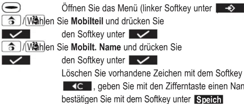 Öffnen Sie das Menü (linker Softkey unter / Wahlen Sie Mobilteil und drücken Sie den Softkey unter / Wahlen Sie Mobilt. Name und drücken Sie den Softkey unter Löschen Sie vorhandene Zeichen mit dem Softkey , geben Sie mit den Zifferntaste einen Nam bestätigen Sie mit dem Softkey unter Speich