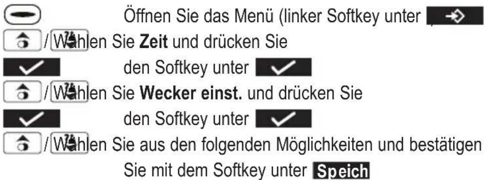 Öffnen Sie das Menü (linker Softkey unter / Wahlen Sie Zeit und drücken Sie ✓ den Softkey unter ✓ / Wahlen Sie Wecker einst. und drücken Sie ✓ den Softkey unter ✓ / Wahlen Sie aus den folgenden Möglichkeiten und bestätigen Sie mit dem Softkey unter Speich