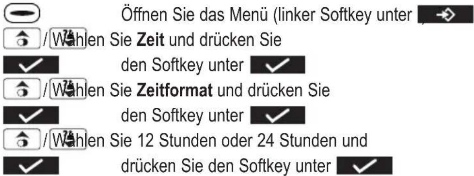 Öffnen Sie das Menü (linker Softkey unter / Wahlen Sie Zeit und drücken Sie ✓ den Softkey unter ✓ / Wahlen Sie Zeitformat und drücken Sie ✓ den Softkey unter ✓ / Wahlen Sie 12 Stunden oder 24 Stunden und ✓ drücken Sie den Softkey unter ✓
