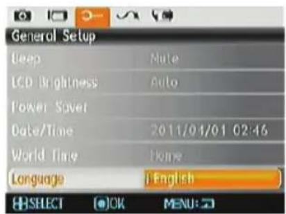 General Setup Deep LCD Brightness Power Saver Date/Time World Time Language Select OK English MENU: