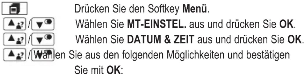 Drücken Sie den Softkey Menü. Wählen Sie MT-EINSTEL. aus und drücken Sie OK. Wählen Sie DATUM & ZEIT aus und drücken Sie OK. Sie mit OK: