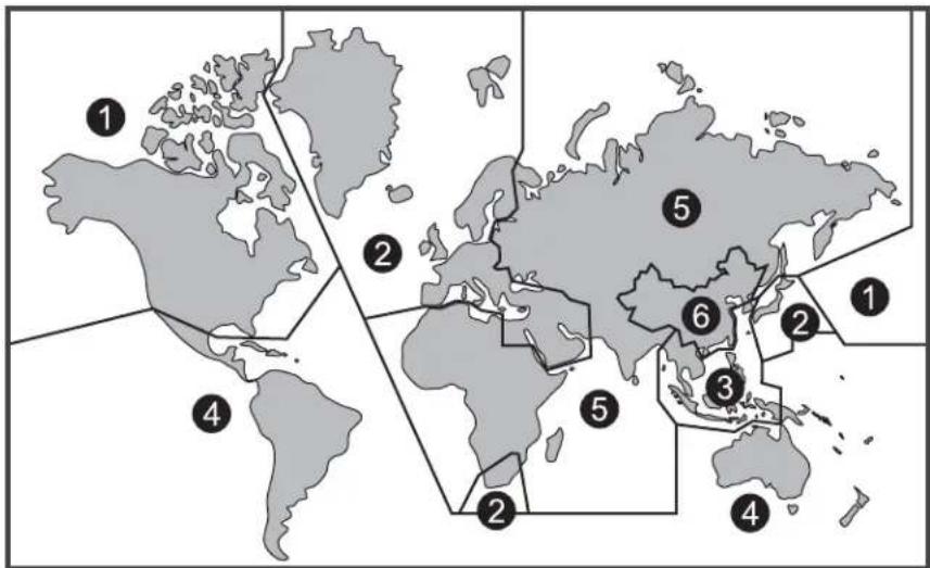 World map with numbered regions highlighting key countries and geographical features
