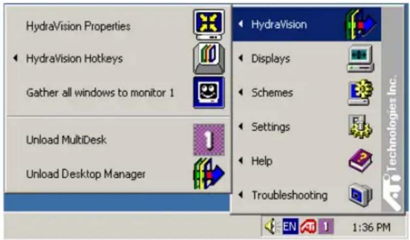 HydraVision Properties HydraVision Hotkeys Gather all windows to monitor 1 Unload MultiDesk Unload Desktop Manager HydraVision Displays Schemes Settings Help Troubleshooting 1:36 PM EN AT 1 Technologies Inc.