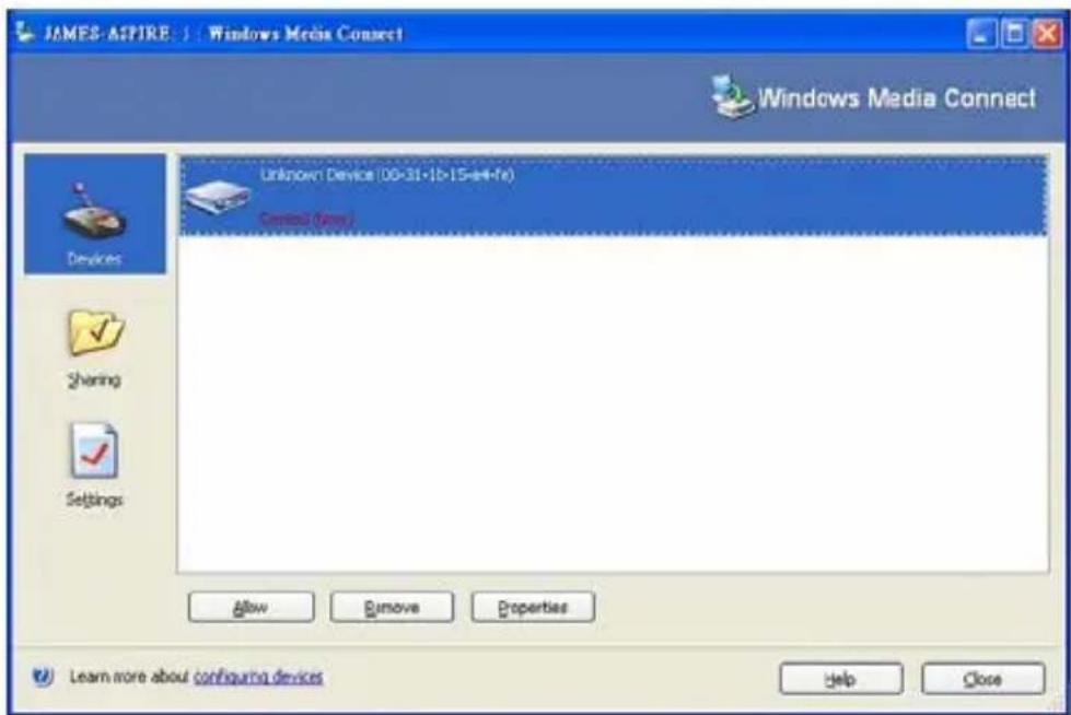 JAMES-ASPIRE : Windows Media Connect Windows Media Connect Unknown Device (00:31-1b:15:e4:fe) Control Box Allow Remove Properties Learn more about configuring devices Help Close