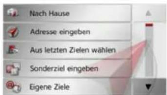 Nach Hause Adresse eingeben Aus letzten Zielen wählen Sonderziel eingeben Eigene Ziele