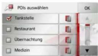 POIs auswählen OK Tankstelle Restaurant Übernachtung Medizin