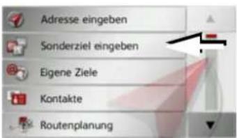 Adresse eingeben Sonderziel eingeben Eigene Ziele Kontakte Routenplanung