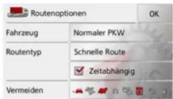Routenoptionen OK Fahrzeug Normaler PKW Routentyp Schnelle Route ✓ Zeitabhängig Vermeiden