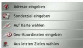 Adresse eingeben Sonderziel eingeben Auf Karte wählen Geo-Koordinaten eingeben Aus letzten Zielen wählen