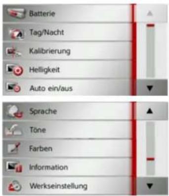 Batterie Tag/Nacht Kalibrierung Helligkeit Auto ein/aus Sprache Töne Farben Information Werkseinstellung
