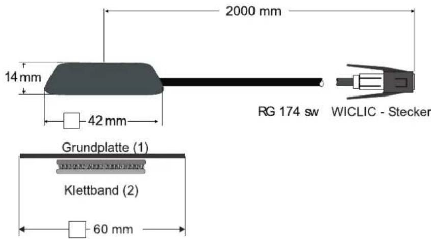2000 mm 14 mm 42 mm RG 174 sw WICLIC - Stecker Grundplatte (1) Klettband (2) 60 mm