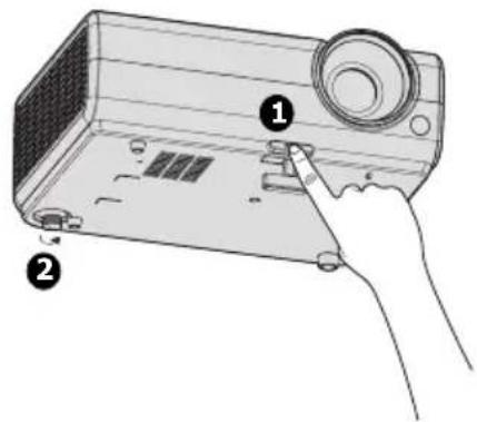 Diagram showing a hand pressing a button onto a device with labeled parts 1 and 2