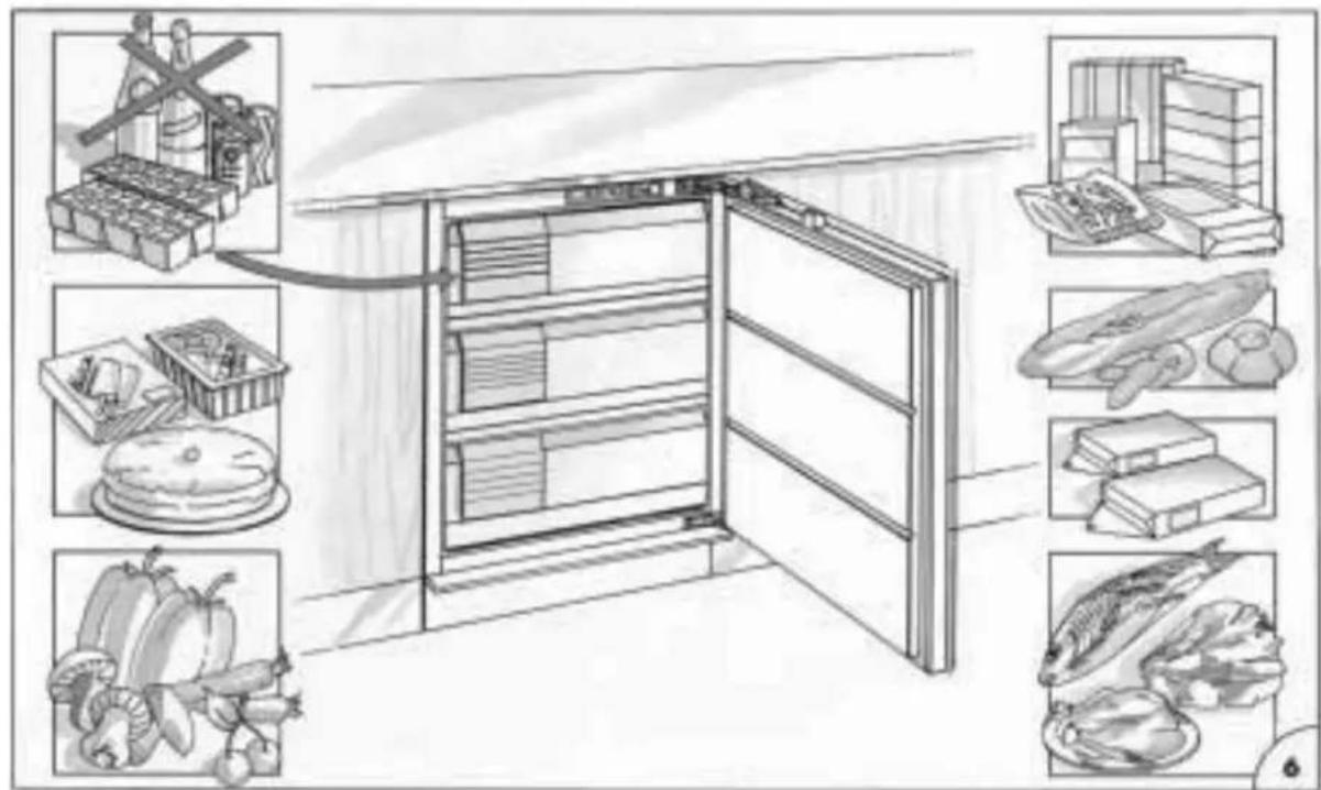 Illustration of a refrigerator with food items including a cheese, bread, and vegetables arranged around it.