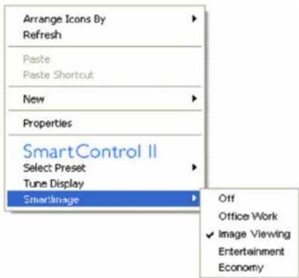 Arrange Icons By Refresh Paste Paste Shortcut New Properties SmartControl II Select Preset Tune Display SmartImage Off Office Work ✓ Image Viewing Entertainment Economy