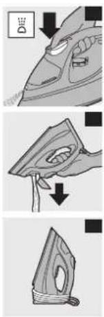 Diagram illustrating three steps of hair ironing: cutting, opening, and holding a wooden object.