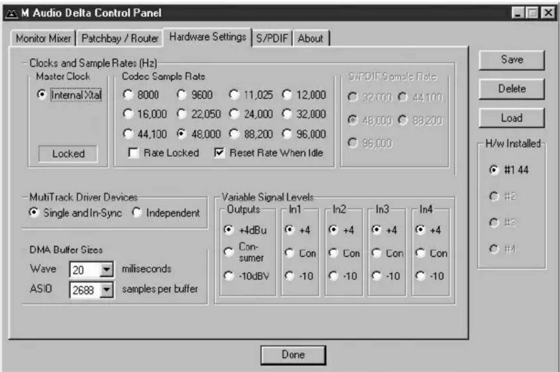 M Audio Delta Control Panel Monitor Mixer | Patchbay / Router | Hardware Settings | S/PDIF | About | Clocks and Sample Rates (Hz) Master Clock Internal Xtal Locked Codec Sample Rate 8000 9600 11,025 12,000 16,000 22,050 24,000 32,000 44,100 48,000 88,200 96,000 Rate Locked Reset Rate When Idle S/PDIF Sample Rate 32,000 44,100 48,000 88,200 96,000 MultiTrack Driver Devices Single and In-Sync Independent Variable Signal Levels Outputs +4dBu Consumer -10dBV In1 +4 Con -10 In2 +4 Con -10 In3 +4 Con -10 In4 +4 Con -10 H/w Installed #1 44 #2 #3 #4 Wave 20 milliseconds ASIO 2688 samples per buffer Done