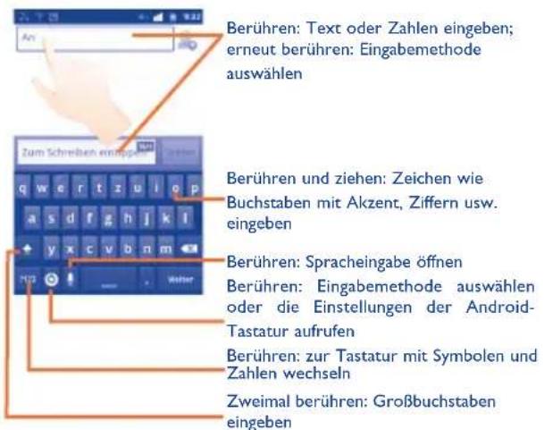 Berühren: Text oder Zahlen eingeben; erneut berühren: Eingabemethode auswählen Zum Schreiben einppen Berühren und ziehen: Zeichen wie Buchstaben mit Akzent, Ziffern usw. eingeben Berühren: Spracheingabe öffnen Berühren: Eingabemethode auswählen oder die Einstellungen der Android- Tastatur aufrufen Berühren: zur Tastatur mit Symbolen und Zahlen wechseln Zweimal berühren: Großbuchstaben eingeben