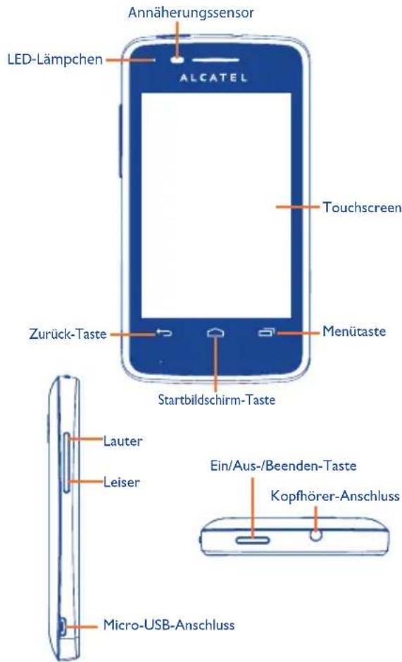 Annäherungssensor LED-Lämpchen ALCATEL Touchscreen Zurück-Taste Menütaste Startbildschirm-Taste Lauter Leiser Micro-USB-Anschluss Ein/Aus-/Beenden-Taste Kopfhörer-Anschluss