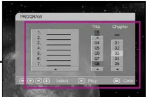 PROGRAM 1. _ 2. _ 3. _ 4. _ 5. _ 6. _ 7. _ Title Chapter 08 — ← 04 01 05 02 06 03 07 04 08 06 ← Select Play Clear