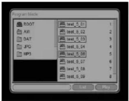 Program Mode ROOT AVI DAT JPG MP3 test_5_01 test_5_02 test_5_03 test_5_04 test_5_06 test_5_07 test_5_08 test_5_09 1 2 3 4 5 6 7 8 Last Play
