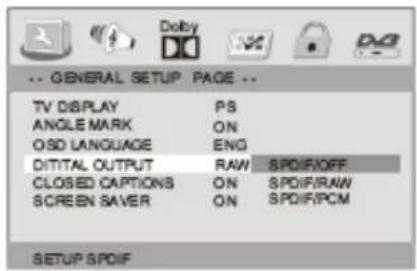 -- GENERAL SETUP PAGE -- TV DISPLAY PS ANGLE MARK ON OSD LANGUAGE ENG DIGITAL OUTPUT RAW SPDIF/OFF CLOSED CAPTIONS ON SPDIF/RAW SCREEN SAVER ON SPDIF/PCM SETUP SPDIF