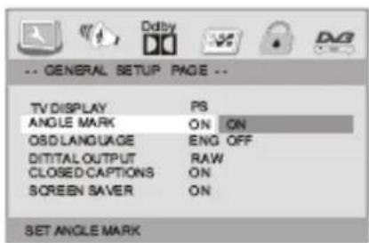 -- GENERAL SETUP PAGE -- TV DISPLAY PS ANGLE MARK ON ON OSD/LANGUAGE ENG OFF DIGITAL OUTPUT RAW CLOSED CAPTIONS ON SCREEN SAVER ON SET ANGLE MARK