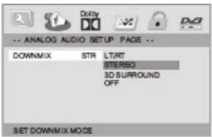 Analog Audio Setup PAGE DOWNMIX STR LT/RT STEREO 3D SURROUND OFF SET DOWNMIX MODE