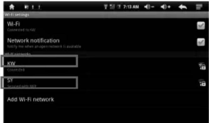 Wi-Fi settings Wi-Fi Connected to RW Network notification Notify me when an open network is available Wi-Fi networks KW Connected SY Connected with TCP Add Wi-Fi network
