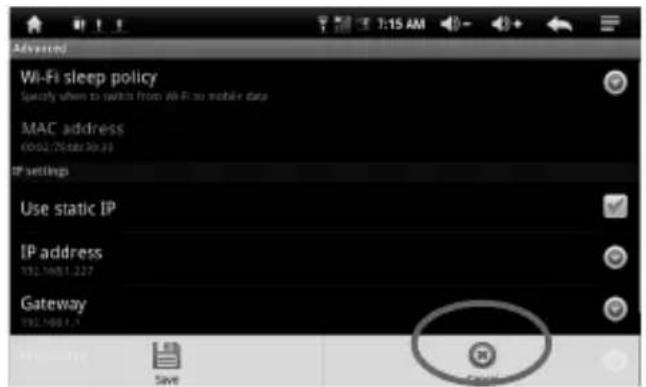 Advanced Wi-Fi sleep policy Specify when to switch from Wi-Fi to mobile data MAC address 0000.75/16:30:28 IP settings Use static IP IP address 192.1988.1.227 Gateway 192.1988.1.2 Save