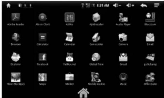 Adobe Reader Alarm Clock 4Miko Apidomulator Audio Player Blocks Browser Calculator Calendar Centroorder Camera Email Explorer Facebook FaMountset Global Time Email griGobang Hotel (BlackJack) Maps Market Mobile audio Music OfficeSuite