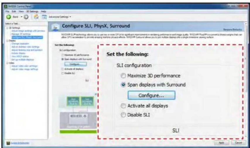 NVDAI Control Panel File Edit View 3D Settings Help Advanced Settings Configure SLI, PhysX, Surround Set the following: SLI configuration Maximize 3D performance Span displays with Surround Configure... Activate all displays Disable SLI SLI Set the following: SLI configuration Maximize 3D performanc…